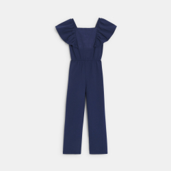 طقم من بنطلون وقميص بأكمام قصيرة مطرزة باللون الأزرق الداكن للفتيات